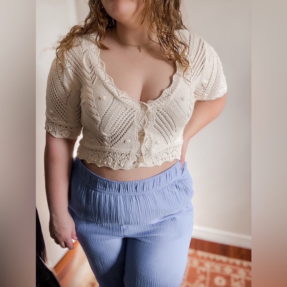 ZARA Dainty Knit Cream Cropped Sweater